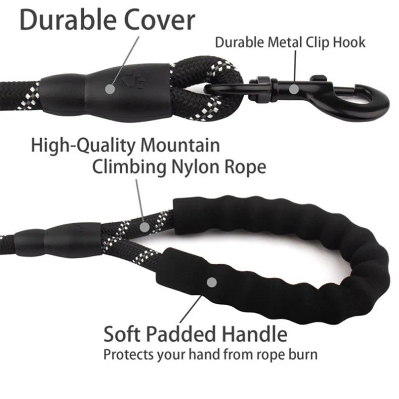 Reflective Dog Leash With Comfortable Padded Handle - Double Heavy Duty Traction Rope For Strong Dogs - Enhance Safety And Contr.