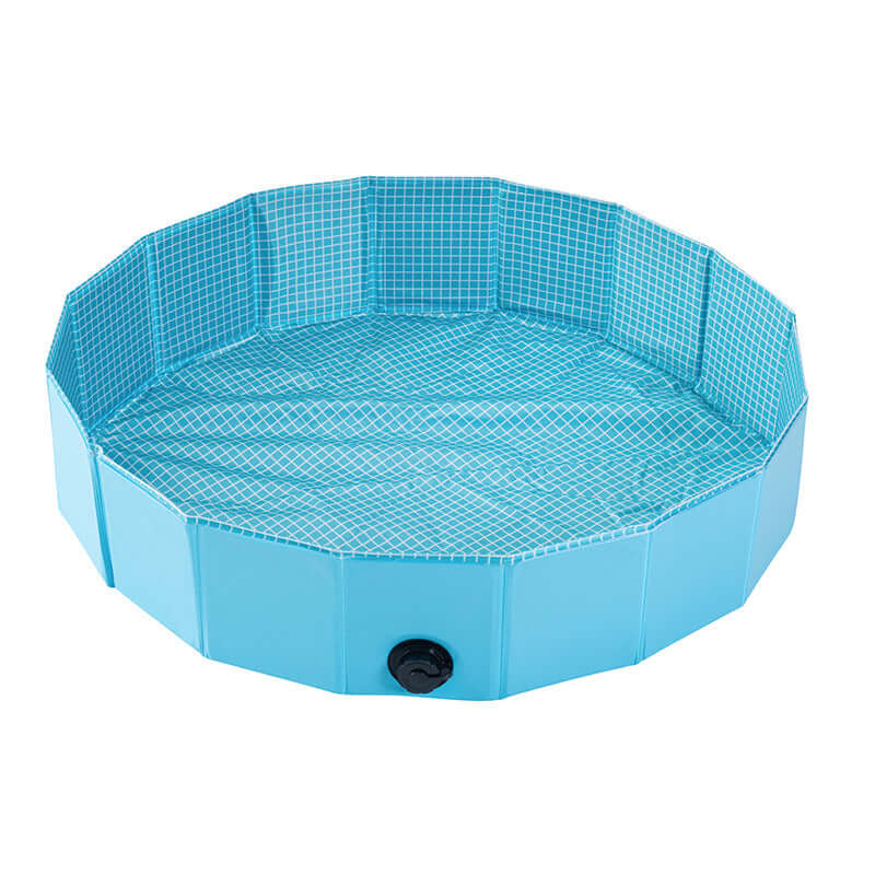 Folding dog pool in light blue with grid pattern, ideal for pets, made of wear-resistant PVC material.