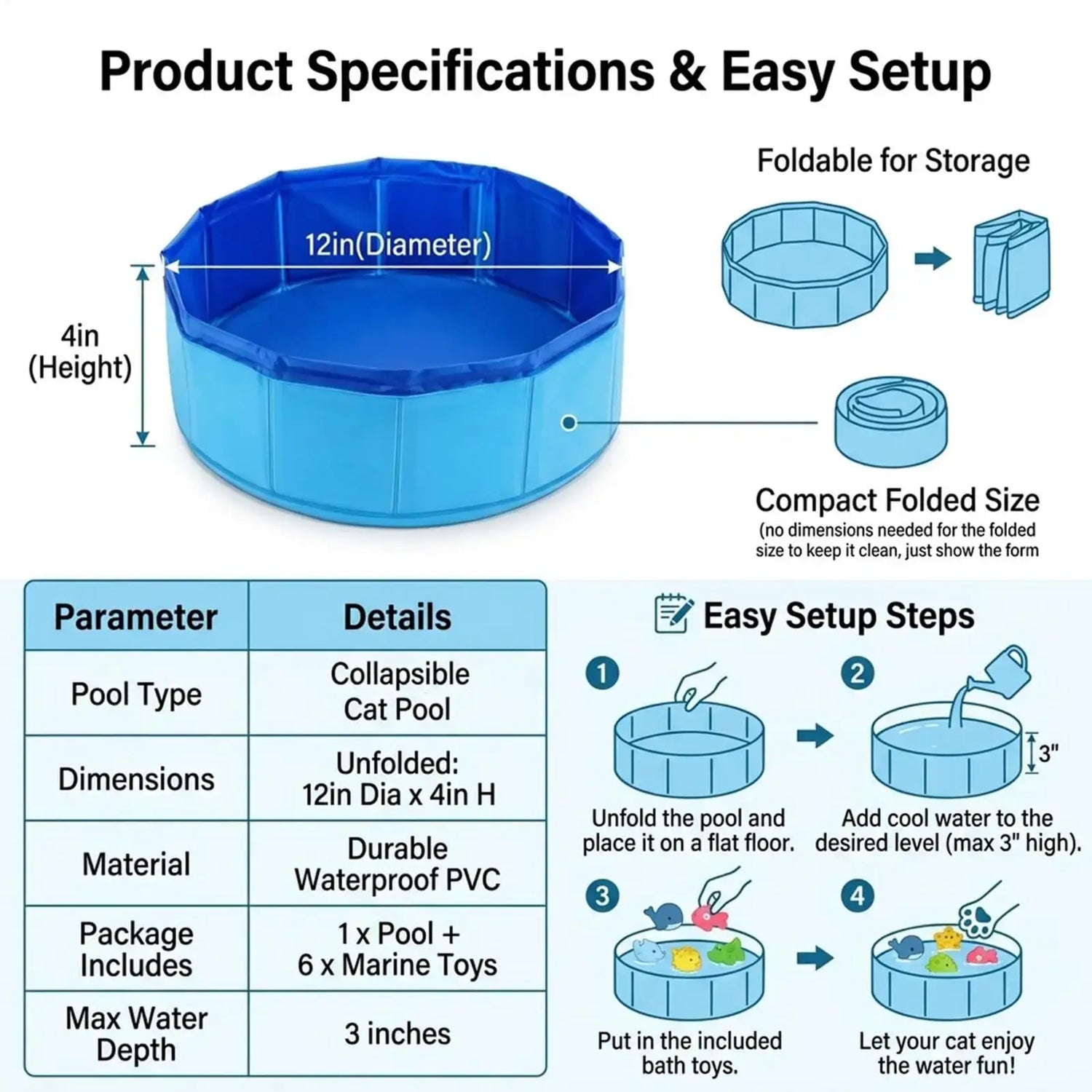 Product specifications and easy setup for the foldable dog bathing pool showing dimensions and use instructions.