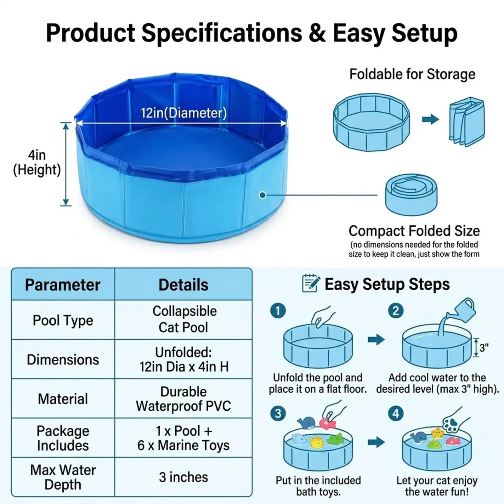 Product specifications and easy setup for the foldable dog bathing pool showing dimensions and use instructions.
