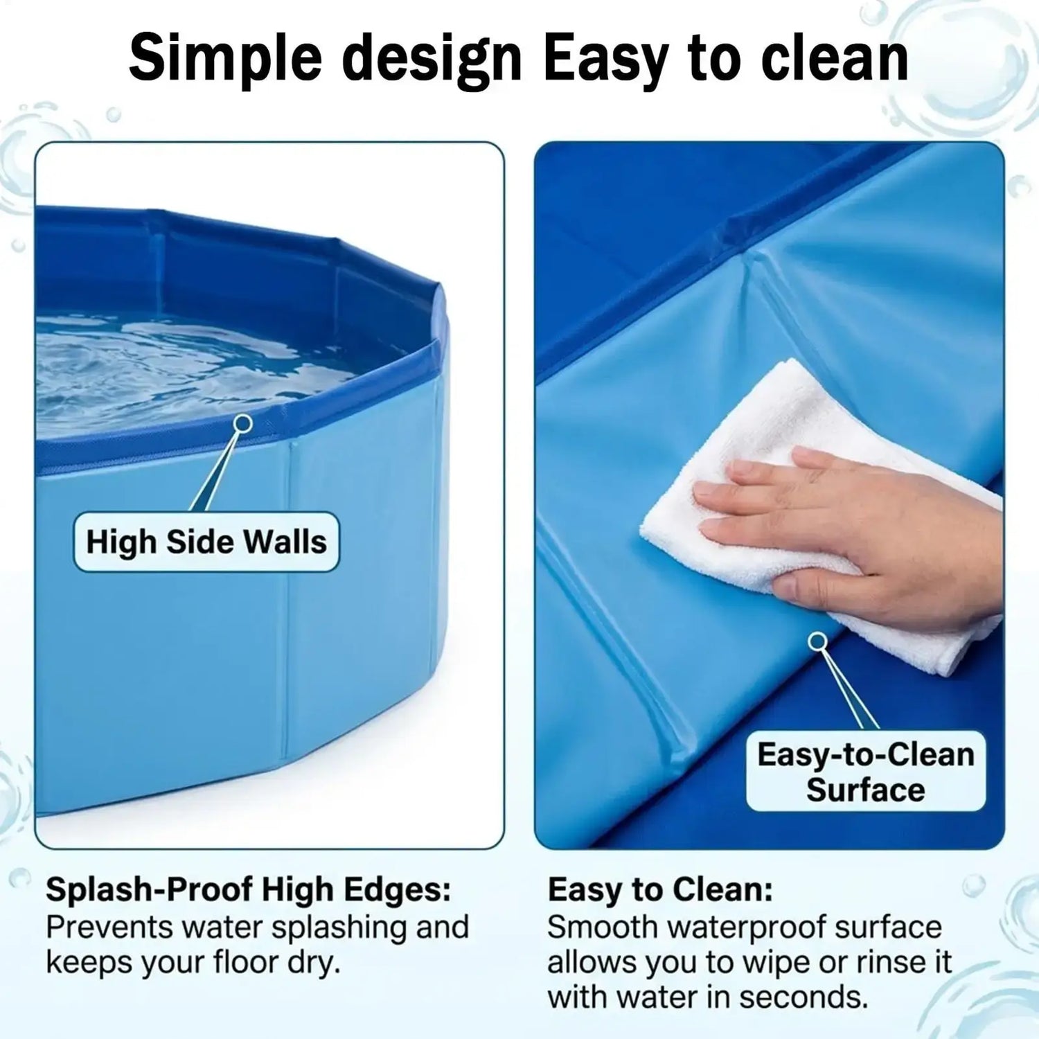 Foldable dog bathing pool with high side walls and easy-to-clean surface for pet comfort during bathing.