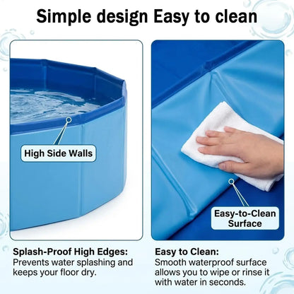 Foldable dog bathing pool with high side walls and easy-to-clean surface for pet comfort during bathing.