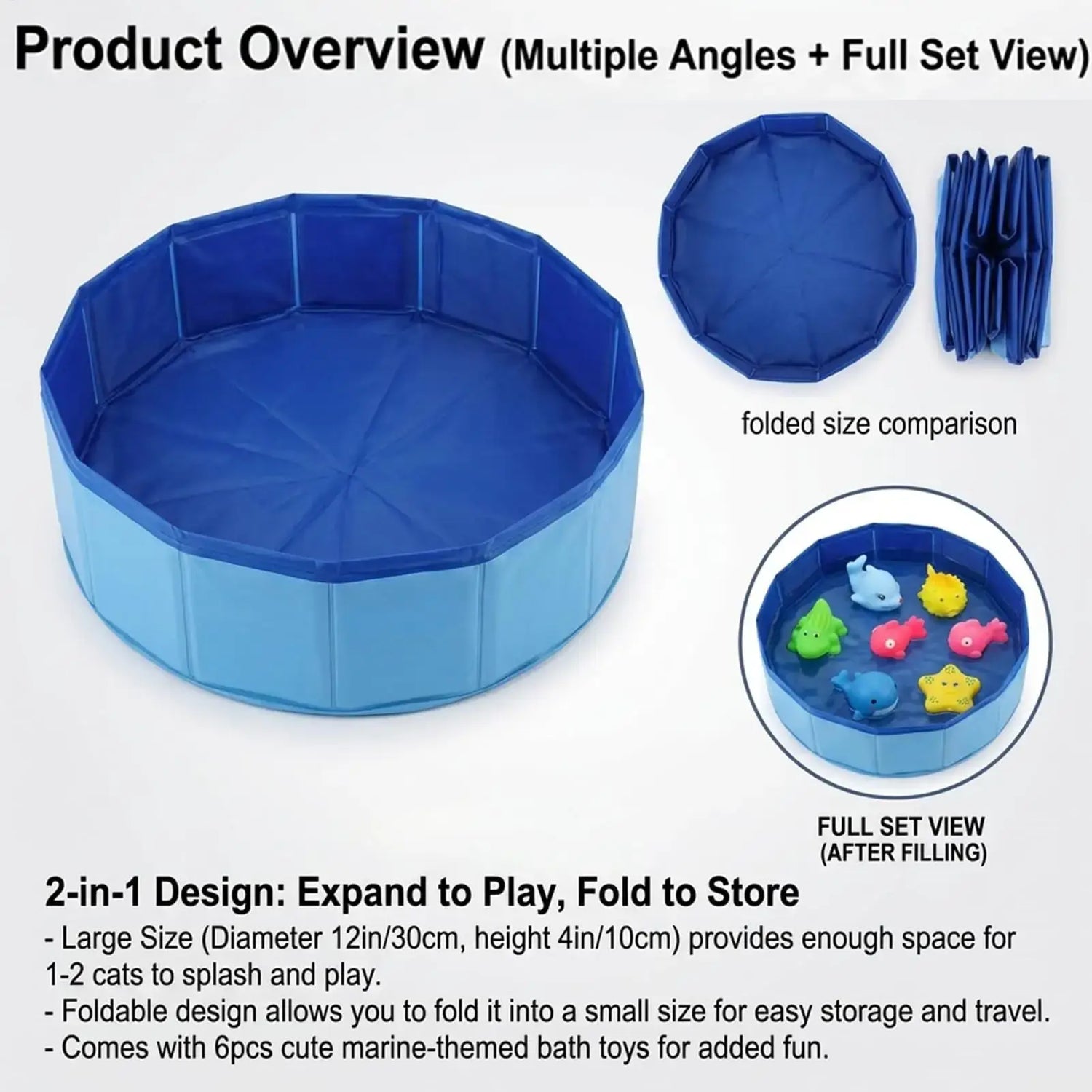 Foldable dog bathing pool with full set view and folded size comparison for easy storage and play.