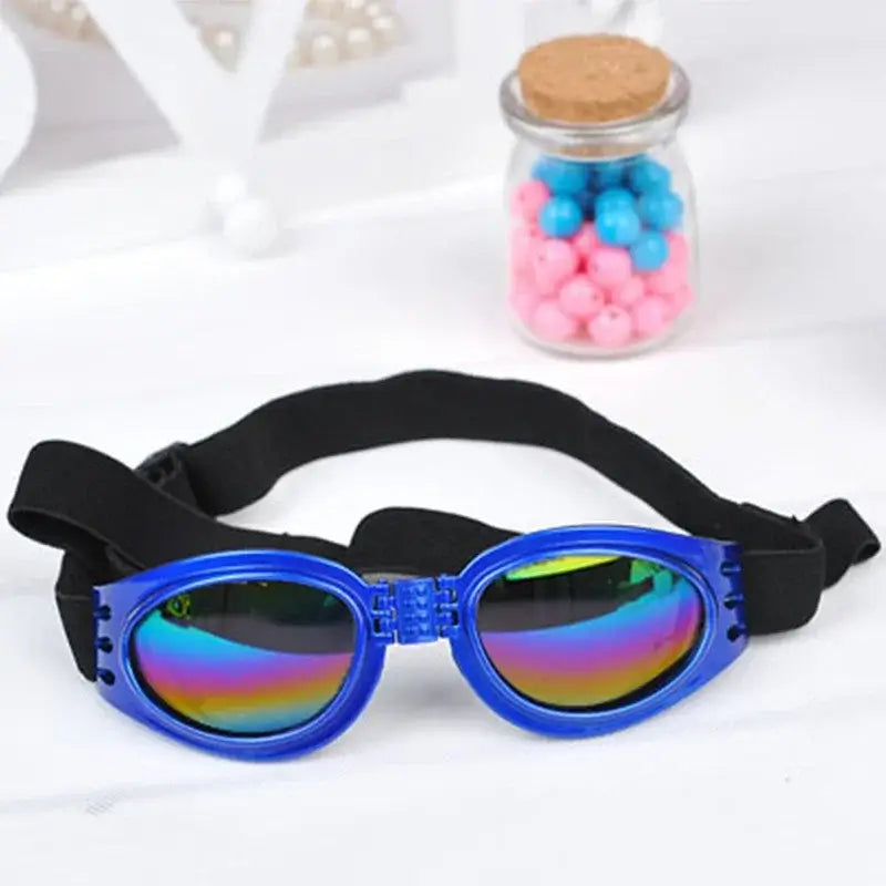 Blue dog sunglasses with foldable frame, chin strap, and rainbow lenses for summer windproof sun protection