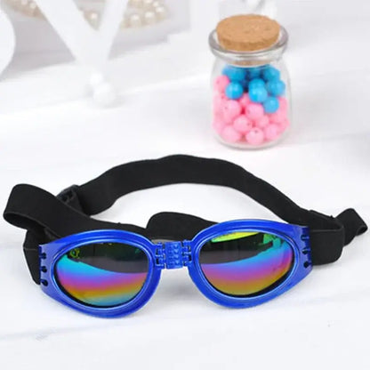 Blue dog sunglasses with foldable frame, chin strap, and rainbow lenses for summer windproof sun protection