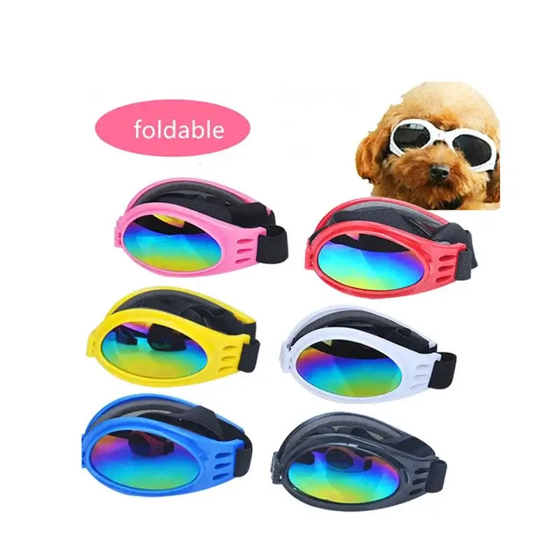Foldable dog sunglasses with UV-protective lens, adjustable straps, and colorful frames for small and medium pets