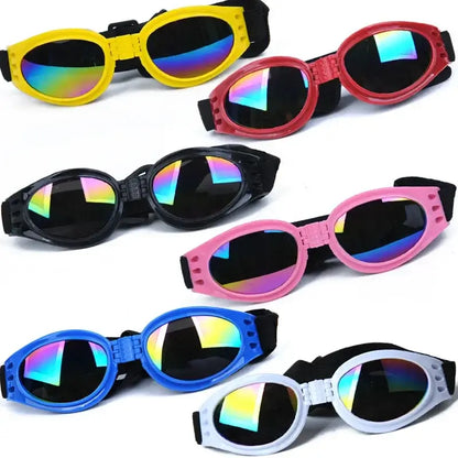 dog sunglasses with foldable frame and UV-blocking mirrored lenses, colorful pet goggles for small dogs