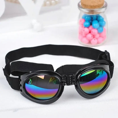 Black dog sunglasses with foldable round lenses, adjustable strap, and windproof sun protection for pets