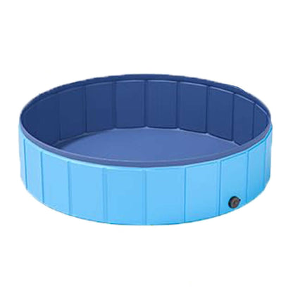 Collapsible dog swimming pool in blue, suitable for indoor and outdoor use for pets and families.