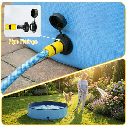 Close-up of pipe fittings on a collapsible dog swimming pool in a garden setting.