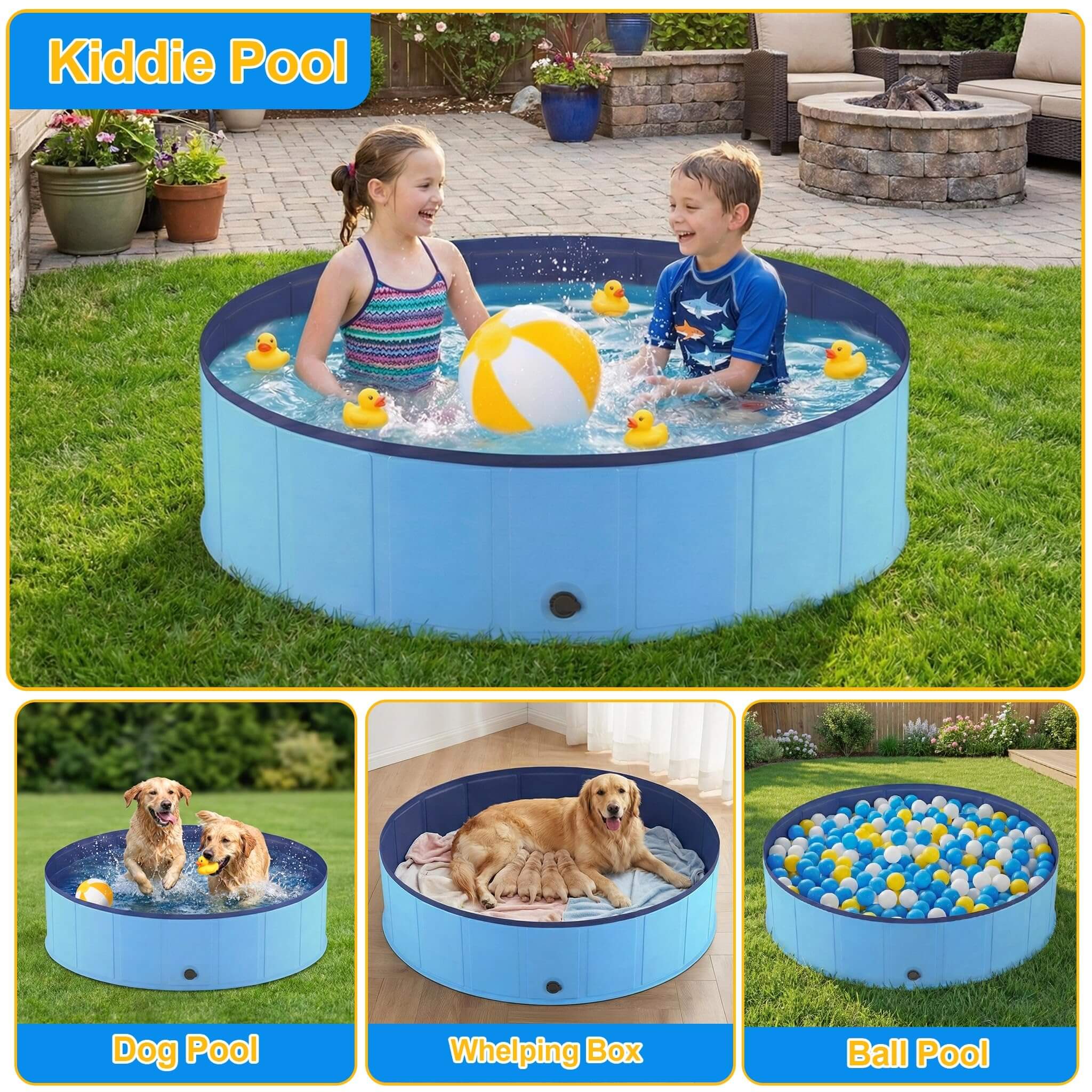 Collapsible dog swimming pool with kids playing inside, featuring a fun outdoor setting with colorful balls and rubber ducks.