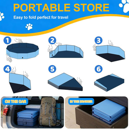 Instructions for folding a collapsible dog swimming pool for easy travel and storage in a car or drawer.