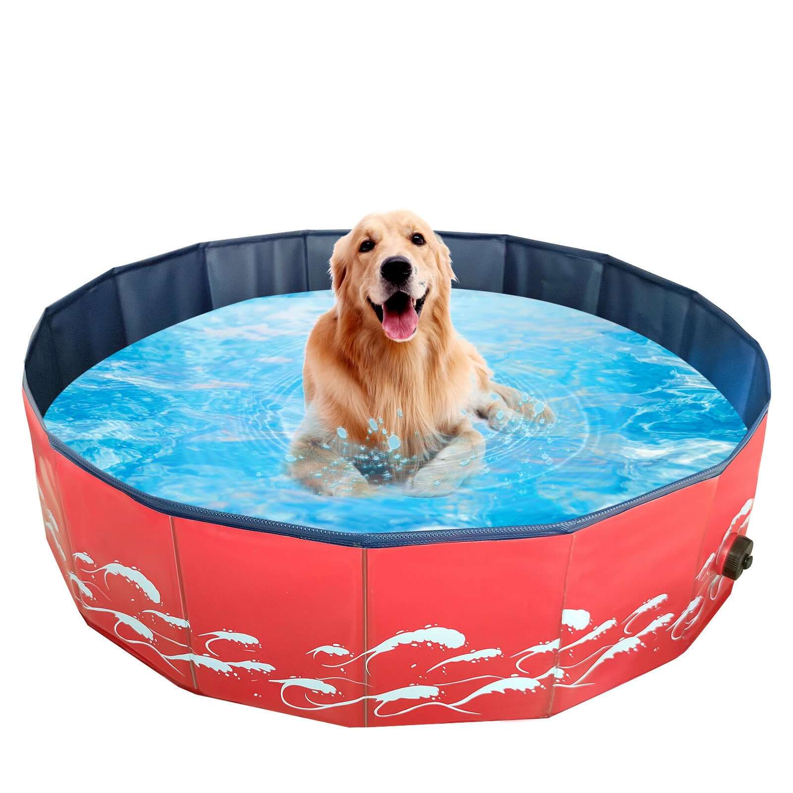 Golden retriever enjoying a bath in a foldable dog swimming pool with red sea wave design.