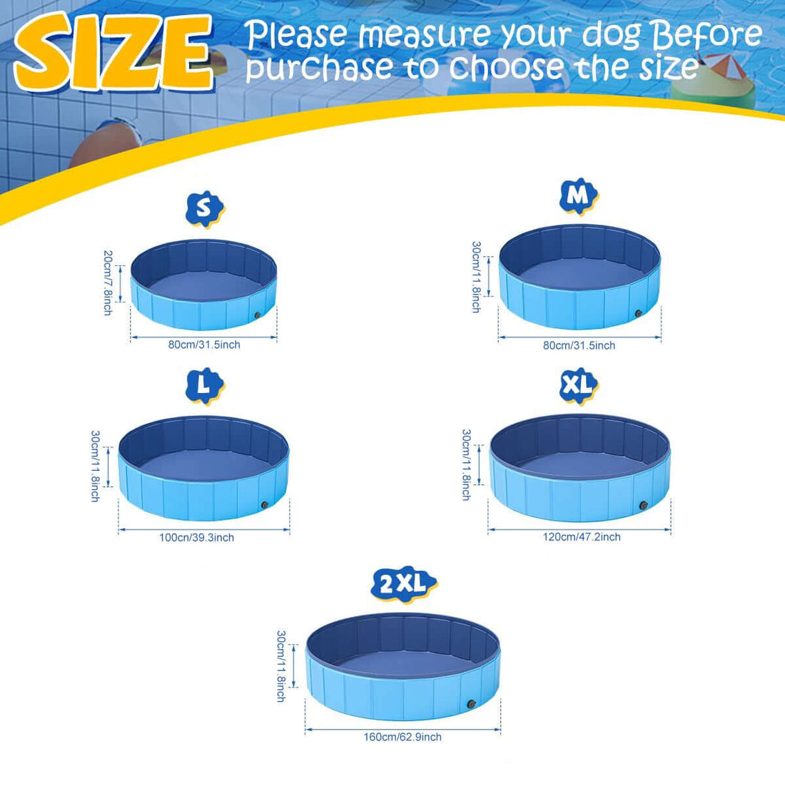 Size chart for collapsible dog swimming pool showing dimensions for S, M, L, XL, and 2XL options.