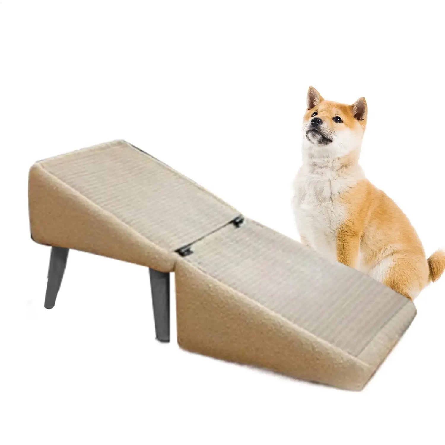Foldable dog ramp for small breeds with non-slip surface next to a dog, ideal for beds and vehicles.