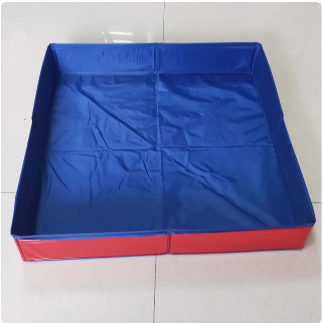 Foldable dog swimming pool in red and blue, versatile for pets, 50x8 square design for easy storage.