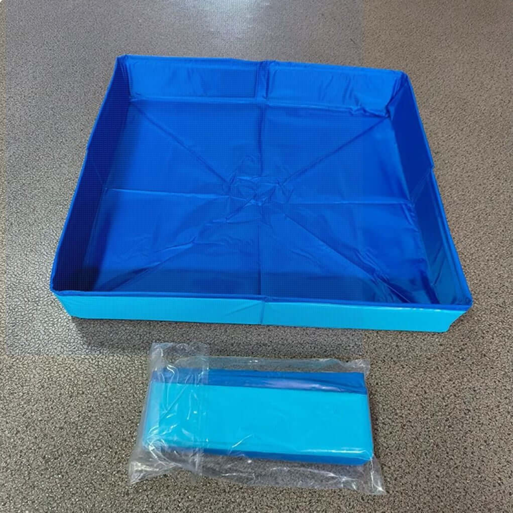 Foldable dog swimming pool in blue color with a matching portable storage piece, versatile for pets and fermentation.