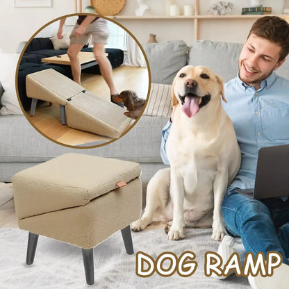 Foldable dog vehicle ramp shown in living room helping pets climb onto furniture.