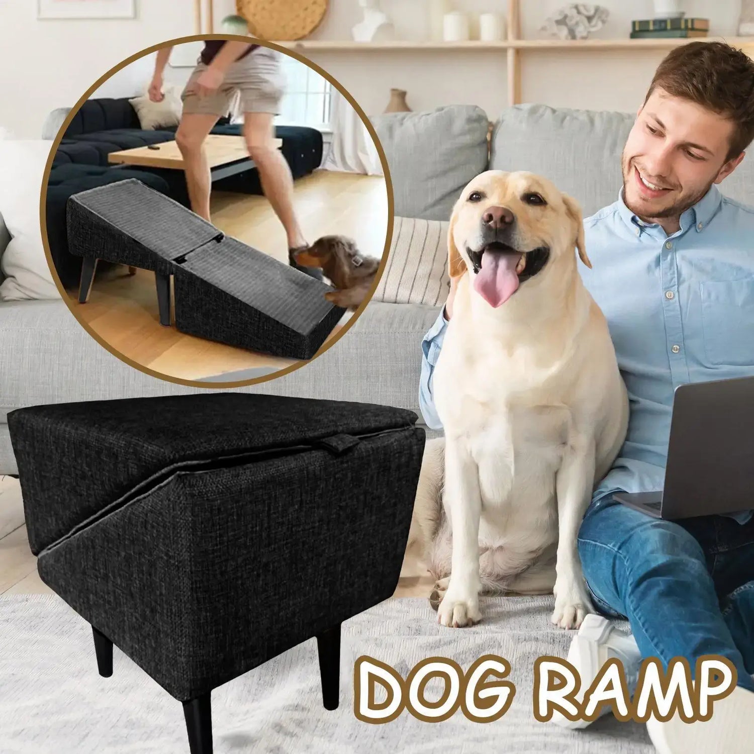 Foldable dog ramp for small breeds designed for easy access to furniture, featuring non-slip fabric and sturdy construction.