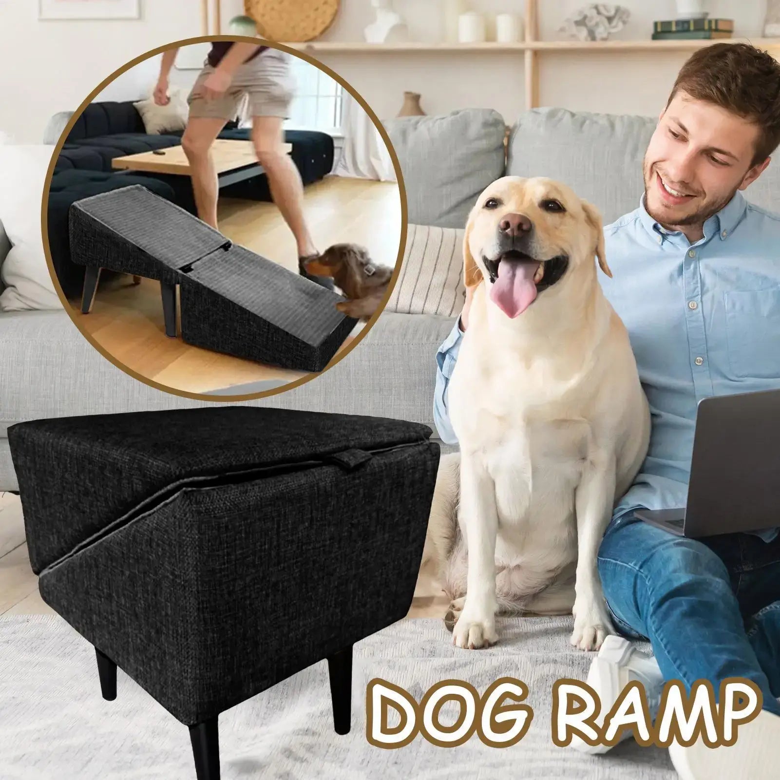 Foldable dog ramp for small breeds designed for easy access to furniture, featuring non-slip fabric and sturdy construction.