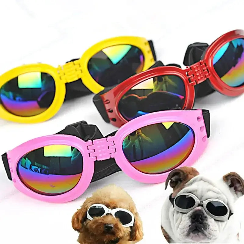 Colorful dog sunglasses for pets with adjustable strap, foldable UV-style goggles for small and medium dogs