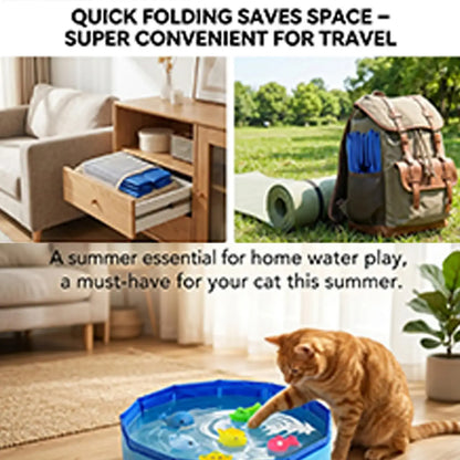Foldable dog bathing pool in use, demonstrating quick folding for easy travel and summer home water play.