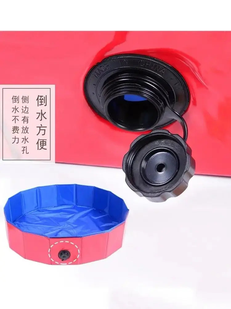 Close-up of a portable dog bathing tub showing the drain valve and folded design, ideal for outdoor use.