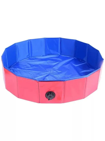 Portable dog bathing tub in octagonal shape with blue and red color, designed for outdoor use and easy draining.