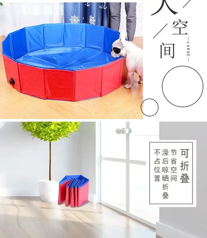 Foldable pet pool for dogs and cats, portable dog bathing tub in blue and red with drain valve.