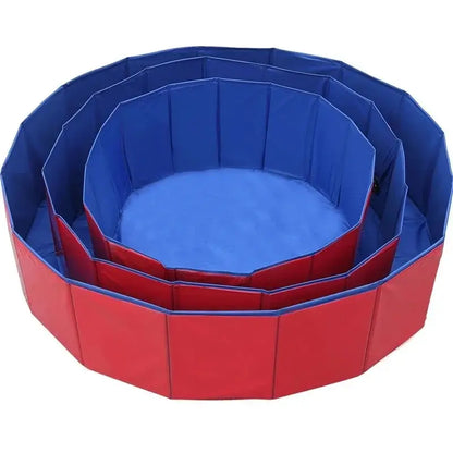 Foldable Pet Pool in red and blue, perfect for outdoor use as a portable dog bathing tub.