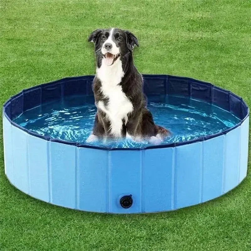 Foldable pet pool with a dog enjoying a bath in a portable dog bathing tub outdoors.