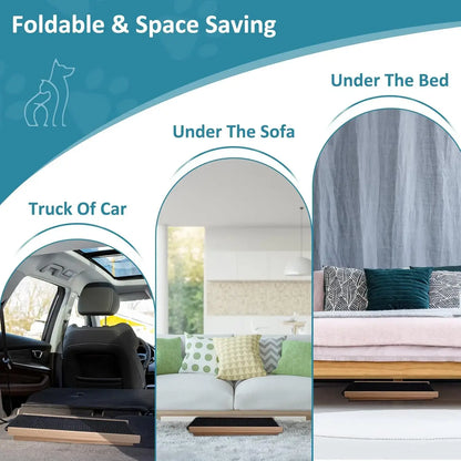 Illustration showing adjustable wooden dog ladder in three settings: truck of car, under sofa, and under bed, highlighting foldable design.