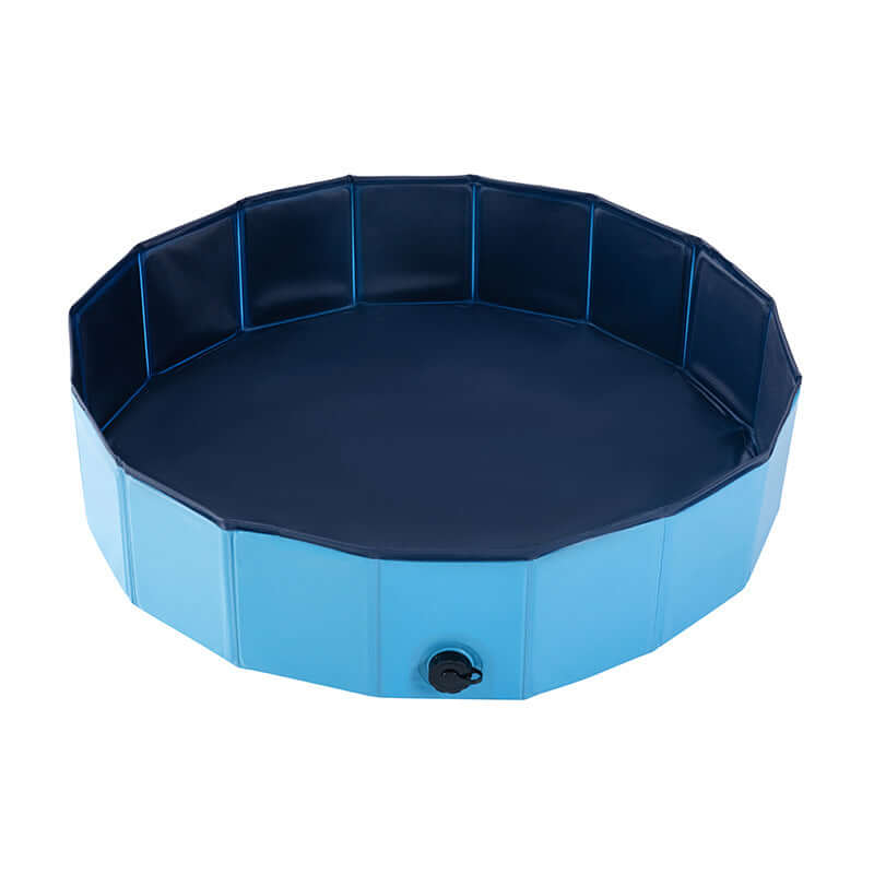 Folding dog pool featuring dark blue interior and light blue exterior, crafted from wear-resistant PVC.