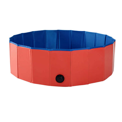 Folding dog pool in red and blue color, made of PVC, designed for wear-resistance and easy setup.