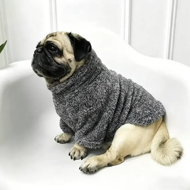 French Bulldog fleece sweater for small dogs, warm gray winter pet coat jacket, cozy fashion hoodie for Chihuahua, Pug, and Corgi