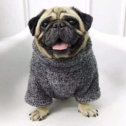 French Bulldog fleece sweater on a pug wearing a warm gray winter coat for small dogs