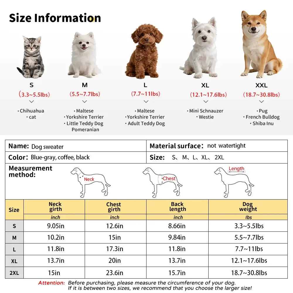 French Bulldog fleece sweater size chart for small to large dogs, warm autumn winter pet coat with measurement guide