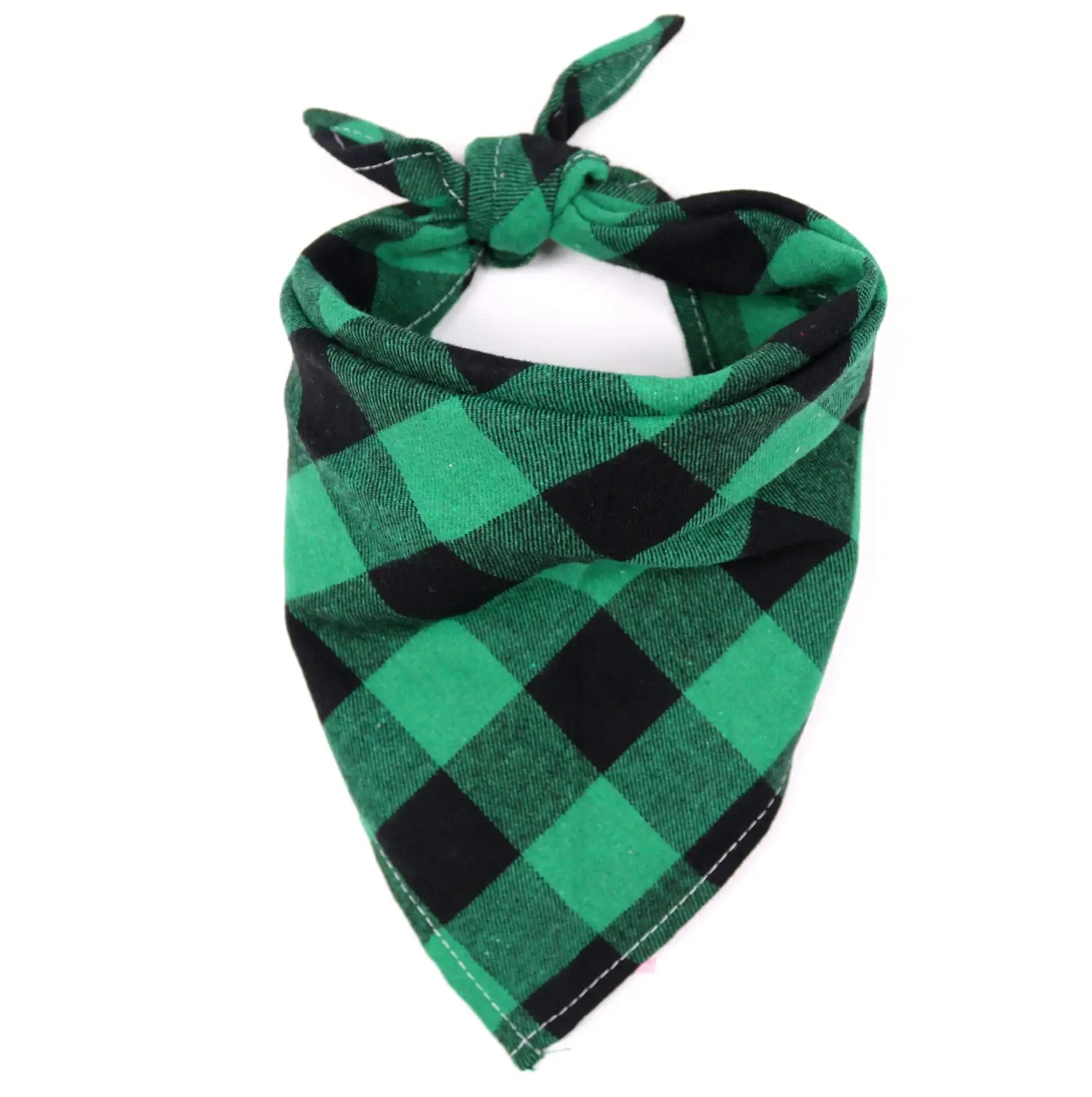 green cotton dog bandana with plaid pattern and bow tie for pets, soft washable triangular scarf for dogs and cats