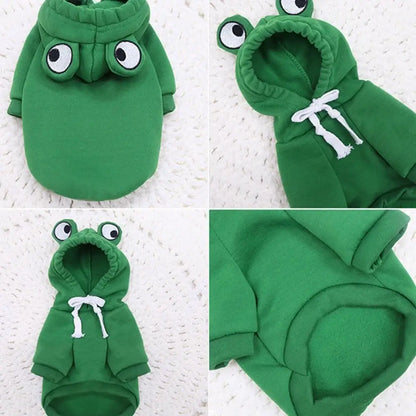 dog winter sweatshirt green frog hooded pullover costume for small, medium, and large dogs, warm soft two-leg fit