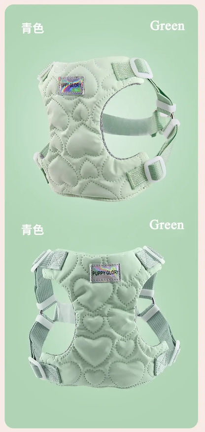 Green waterproof puppy harness with heart quilted padding, adjustable quick release straps, lightweight vest for small to large dogs