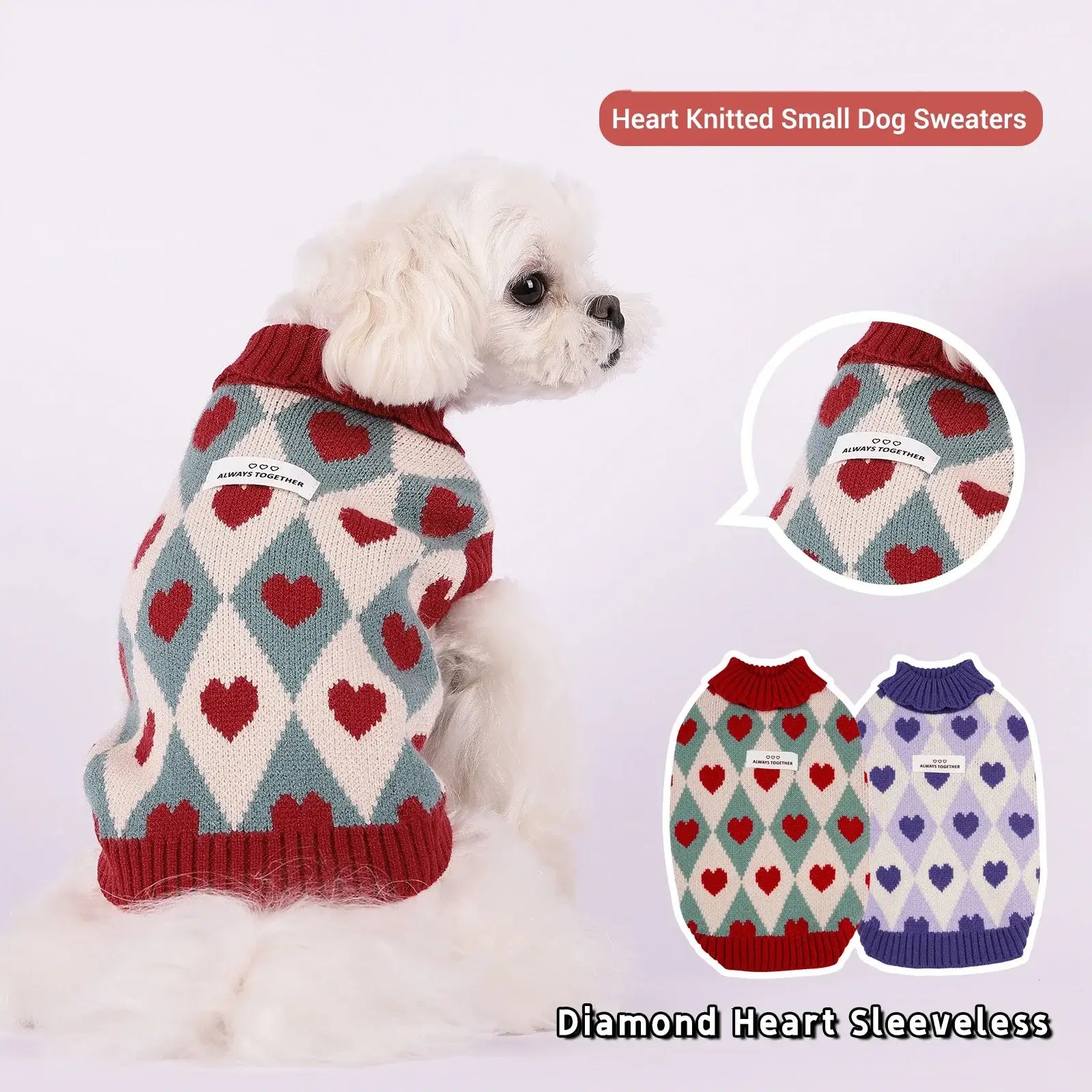 Small dog winter sweater with heart diamond knit design, sleeveless turtleneck pet coat for Chihuahua and Yorkie