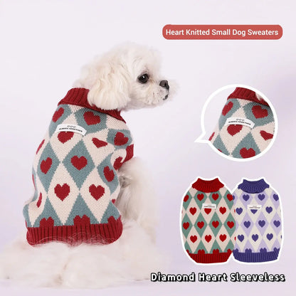 Small dog winter sweater with heart diamond knit design, sleeveless turtleneck pet coat for Chihuahua and Yorkie