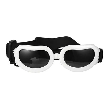 White adjustable dog goggles with UV protection, heart-shaped sunglasses for small medium dogs, windproof motorcycle glasses