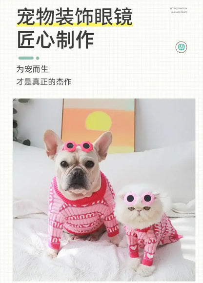 heart shaped dog glasses on French bulldog and cat in pink outfits, playful pet party eyewear for summer photos