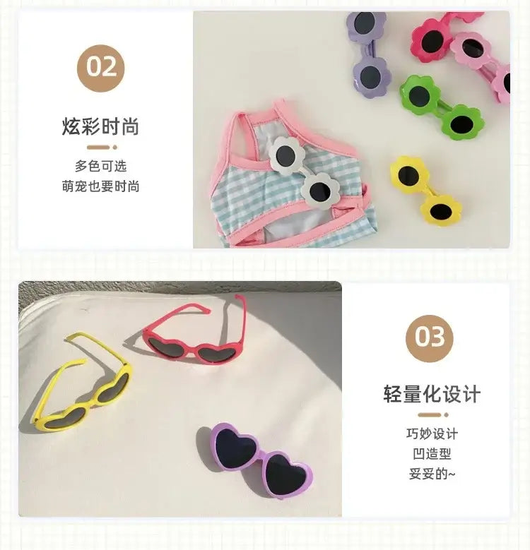 heart shaped dog glasses in colorful styles for pet photos, summer parties, and cute dog accessories