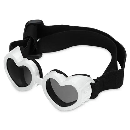 Heart-shaped dog sunglasses with adjustable strap, UV protection goggles for small dogs and cats, black strap