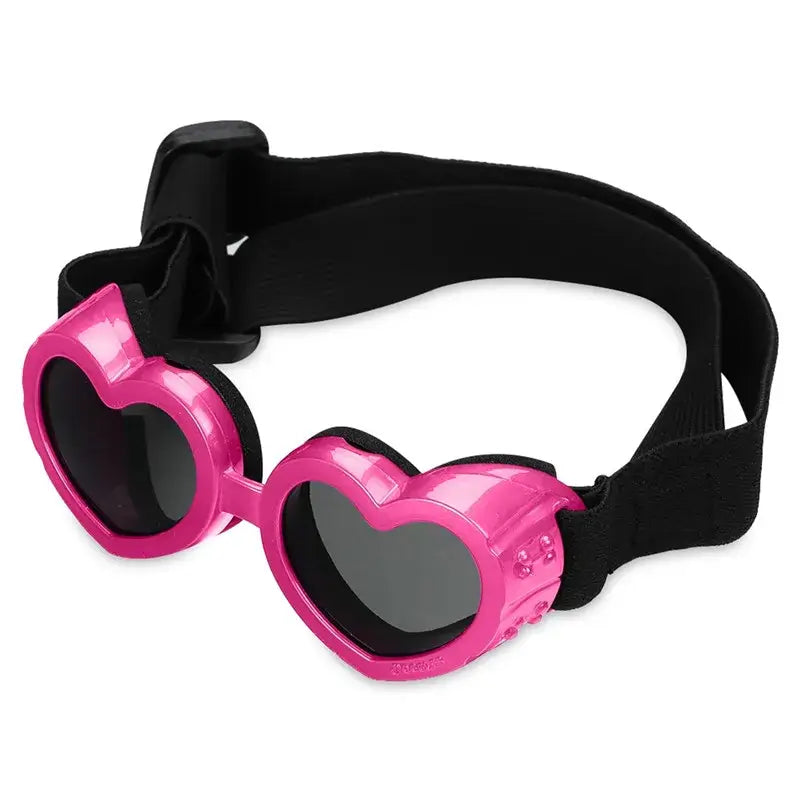 Pink heart-shaped dog sunglasses with adjustable strap, UV protection goggles for small dogs and cats