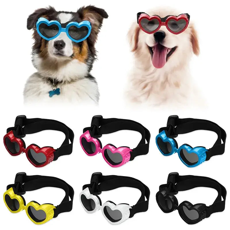 dog sunglasses with adjustable strap for small dogs and cats, heart-shaped UV protection pet goggles in multiple colors