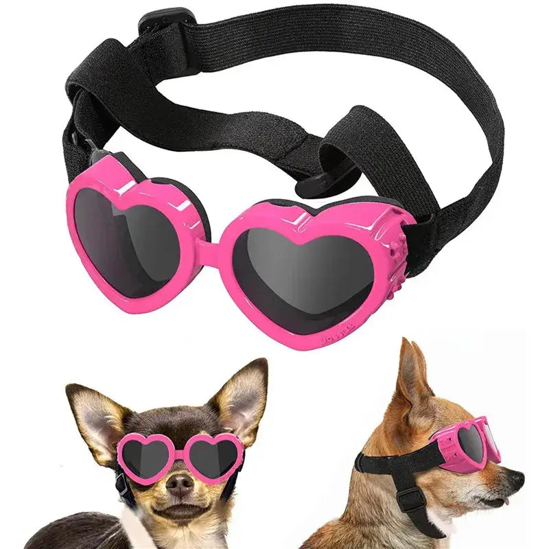 Pink heart-shaped dog sunglasses with adjustable strap for small dogs and cats, UV protection pet eyewear