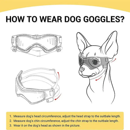 adjustable dog sunglasses fitting guide for small dogs with UV protection goggles and easy wear strap adjustment